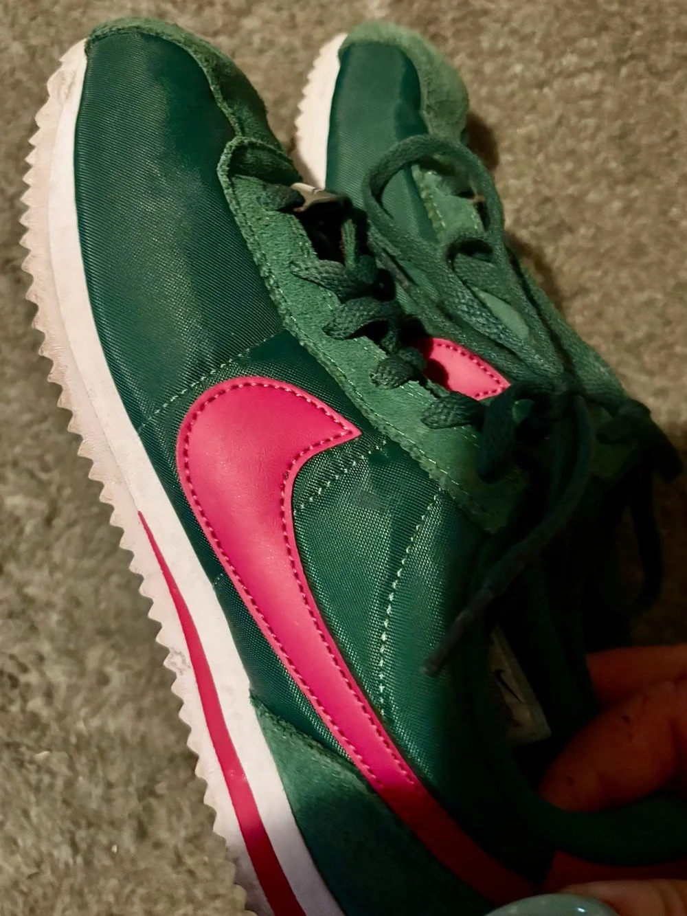 Big Kids Green Nike Cortez Sneakers with Pink Swoosh